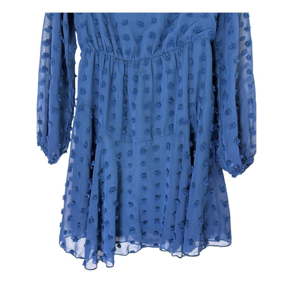Kirundo Blue Long Sleeve V-neck Swiss Dot High Waist Chiffon Mini Dress Size M - Picture 4 of 10